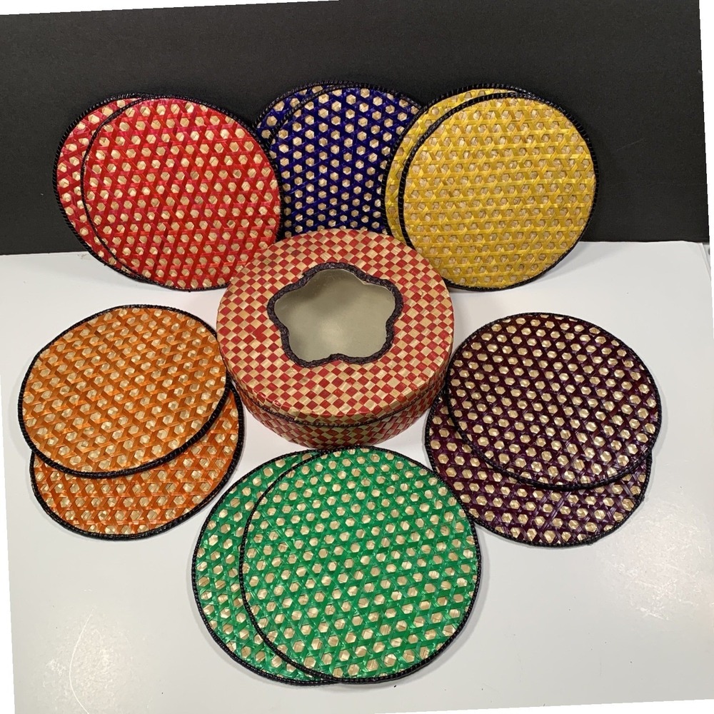Woven Wicker Coaster Set + Holder Drink Coasters Boho Retro Set of 12 Interpur